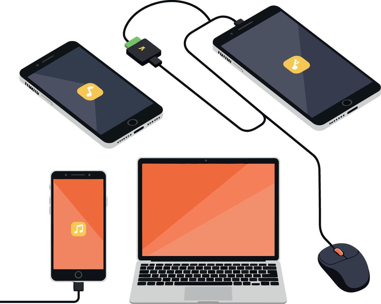 Mobile devices and laptop connected with charging cables flat digital technology illustration vector