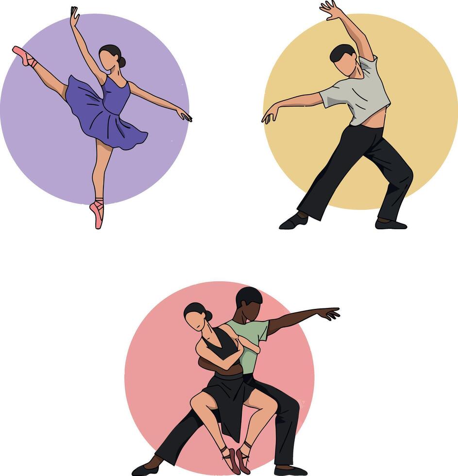 Ballet dancers performing expressive classical and contemporary poses flat style illustration vector