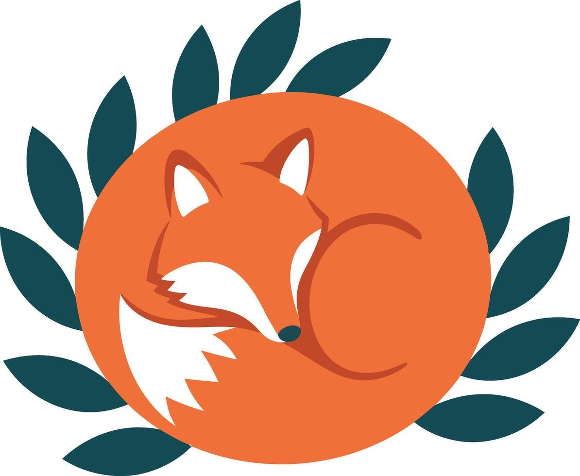 Sleeping fox curled in a circle with green leaves flat minimal nature illustration vector