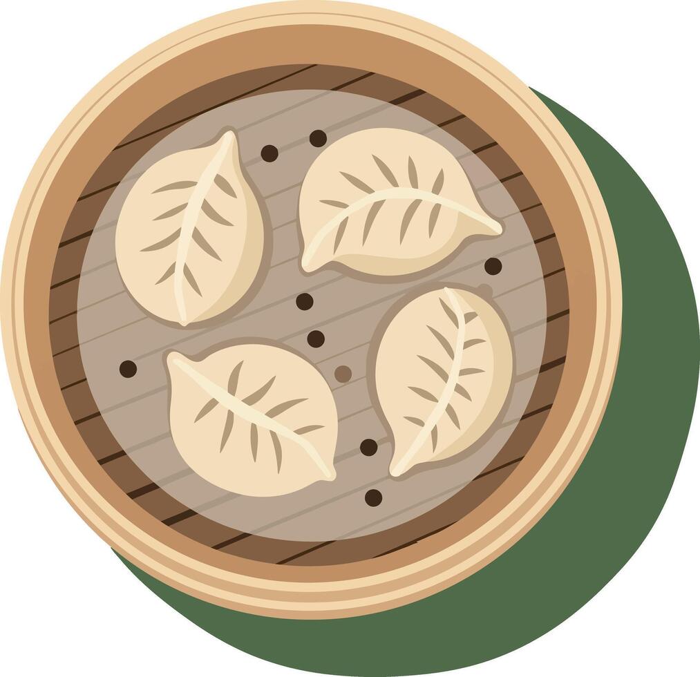 Steamed dumplings shaped like leaves in a wooden basket flat design illustration vector
