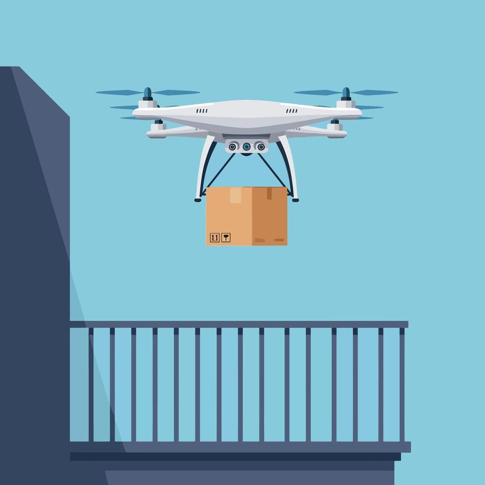Delivery drone carrying cardboard package in minimal flat design flying near balcony illustration vector
