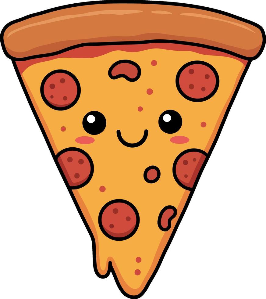 Cute smiling pepperoni pizza slice with cartoon eyes and rosy cheeks in flat minimal illustration vector