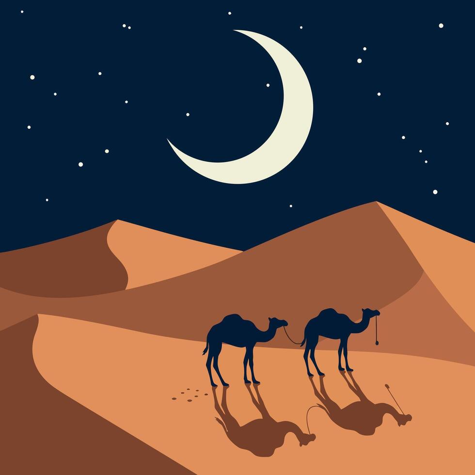 Two camels walking in desert sand dunes under crescent moon and starry night sky flat illustration vector