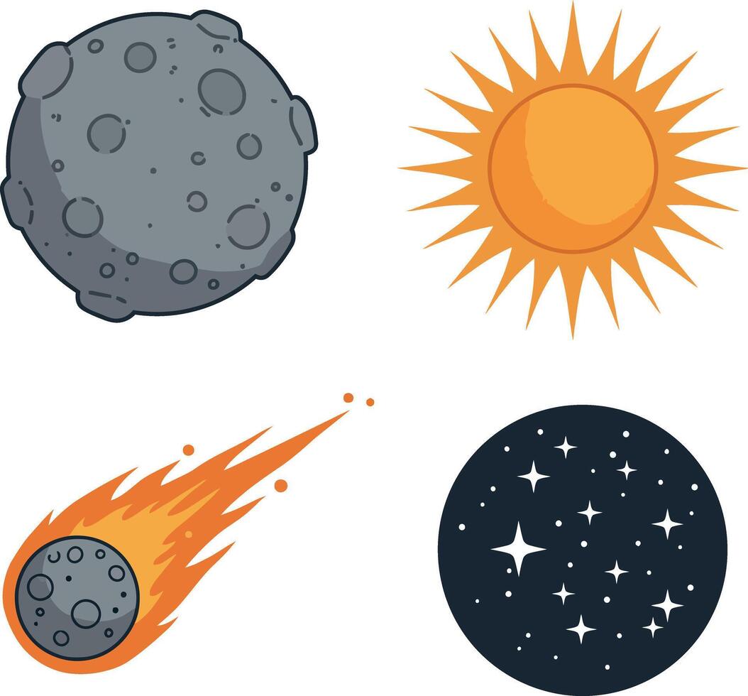 Celestial objects including sun, meteor, asteroid, and starry sky in flat colorful illustration art vector