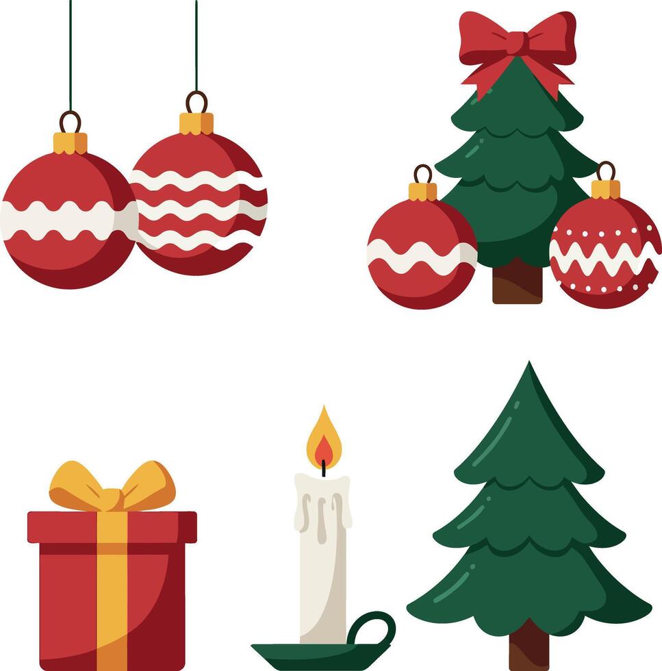 Christmas-themed flat design red and green holiday decorations with candle and gift illustration vector