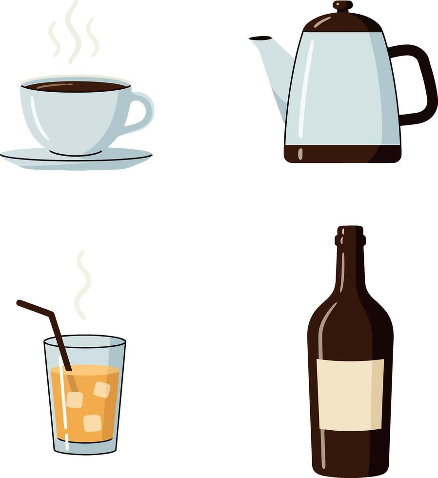 Coffee cup teapot glass with straw and bottle flat minimal illustration vector