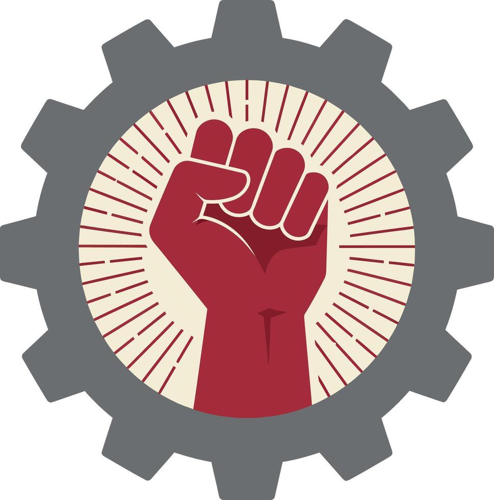 Raised fist symbol inside grey gear icon with red rays in flat design illustration vector