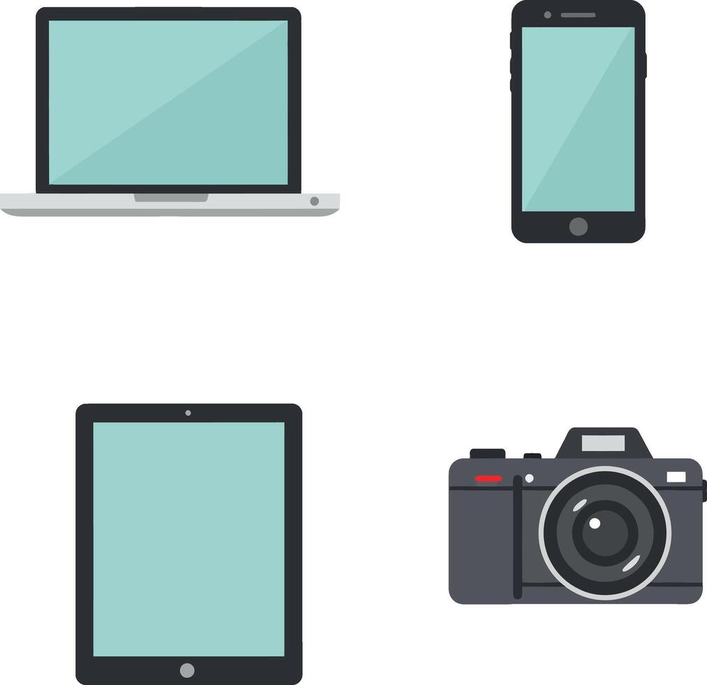 Electronic devices including laptop smartphone tablet and camera flat minimal illustration vector