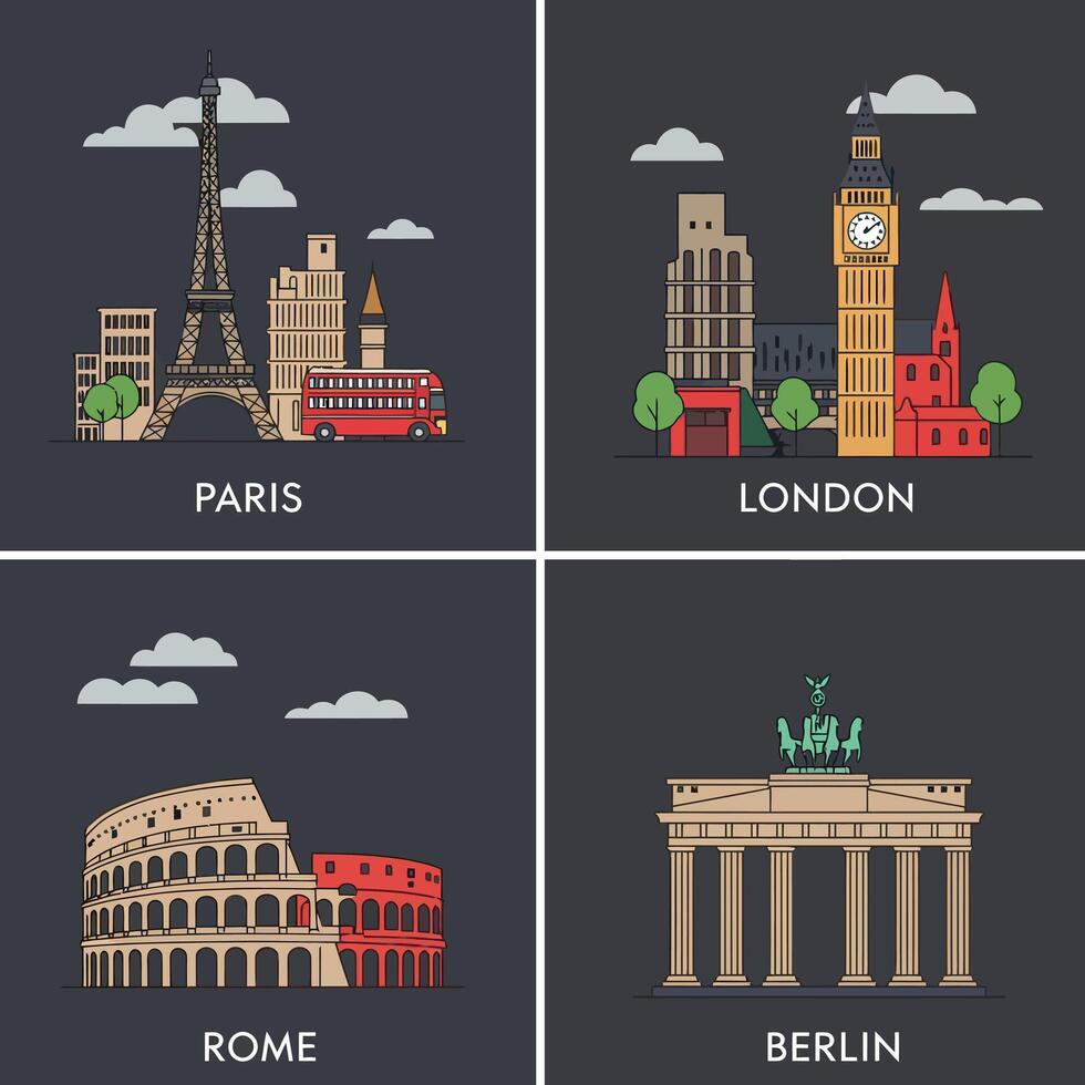 Famous European city landmarks flat design with Eiffel Tower Big Ben Colosseum Brandenburg Gate illustration vector