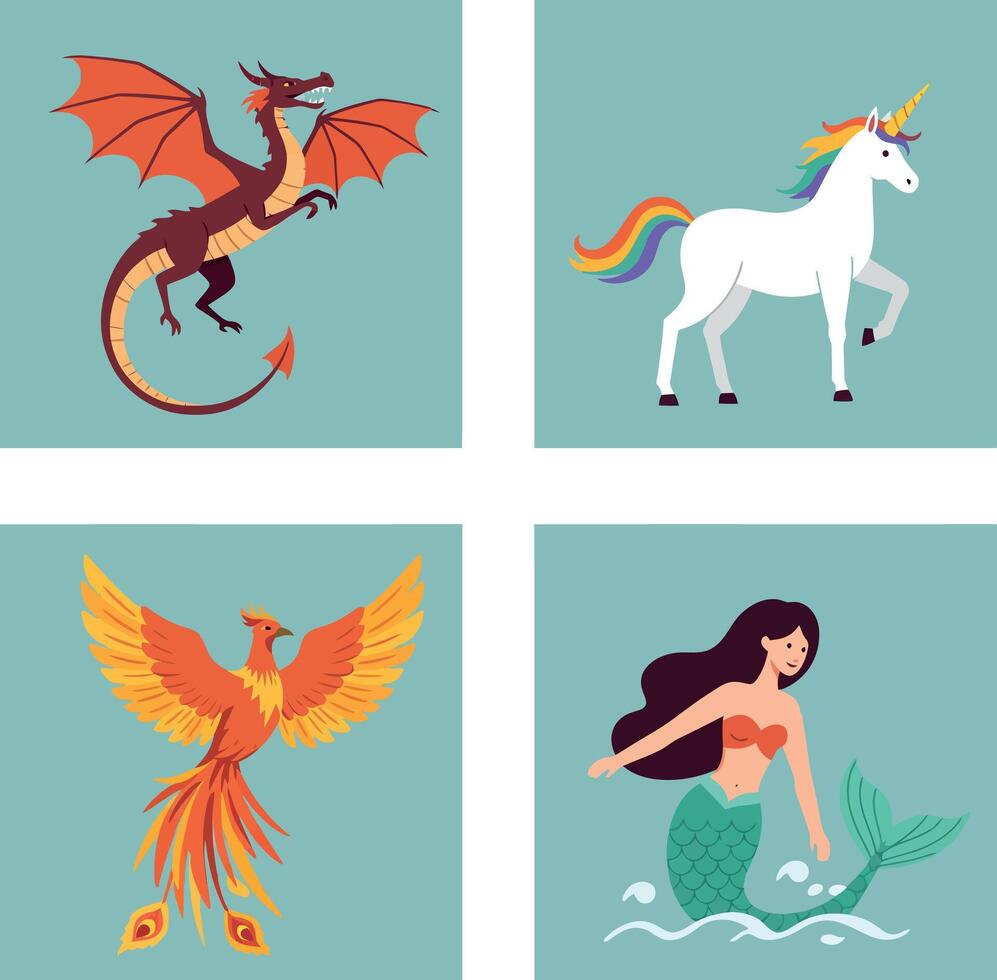 Mythical creatures collection featuring dragon, unicorn, phoenix, and mermaid in flat colorful art vector