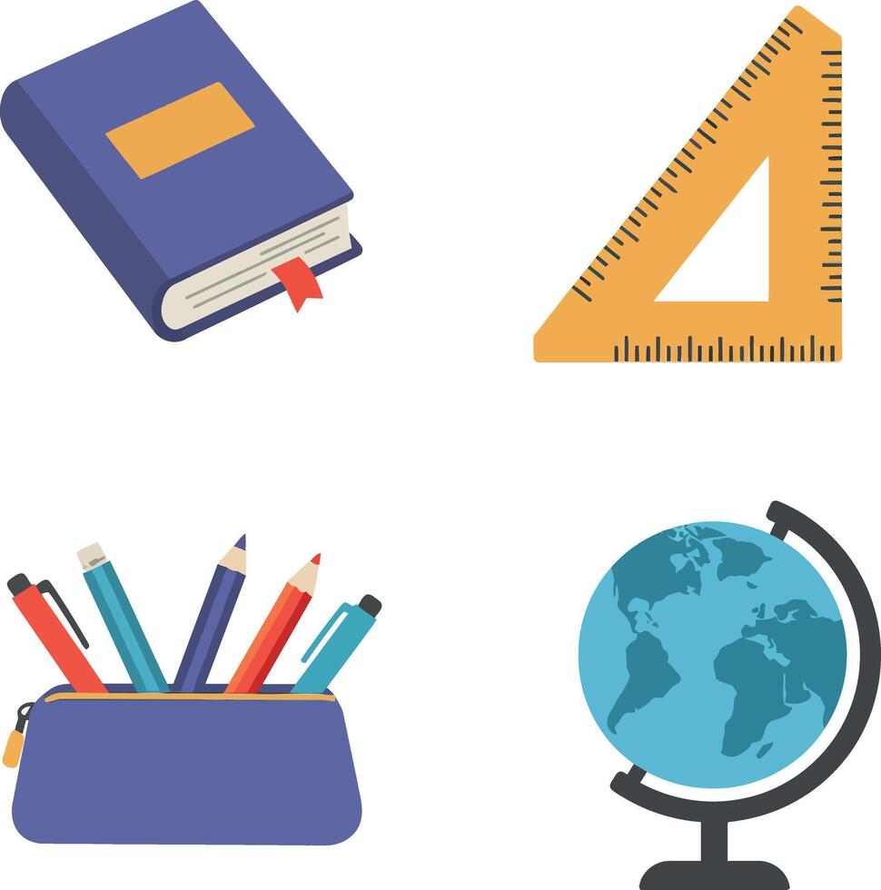 Educational objects including book ruler pencil case and globe in flat design illustration vector