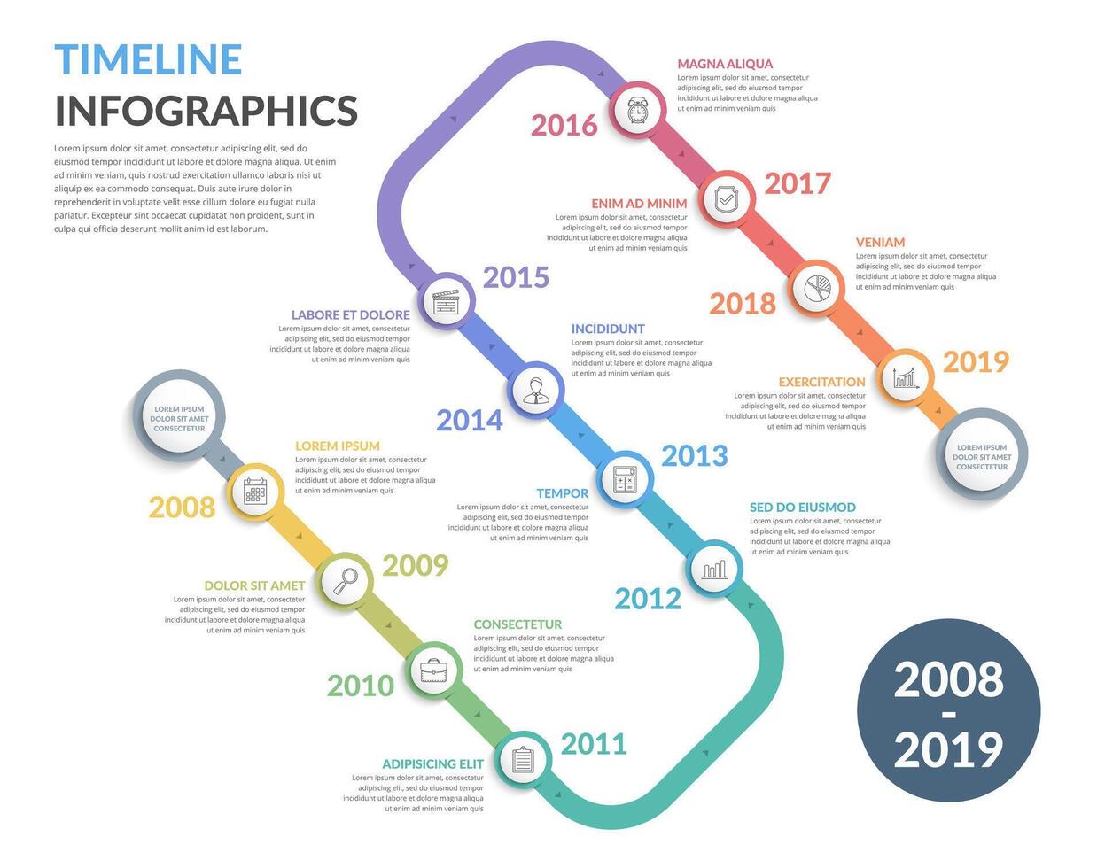 Timeline with icons, 12 elements, infographic template for web, business, presentations vector
