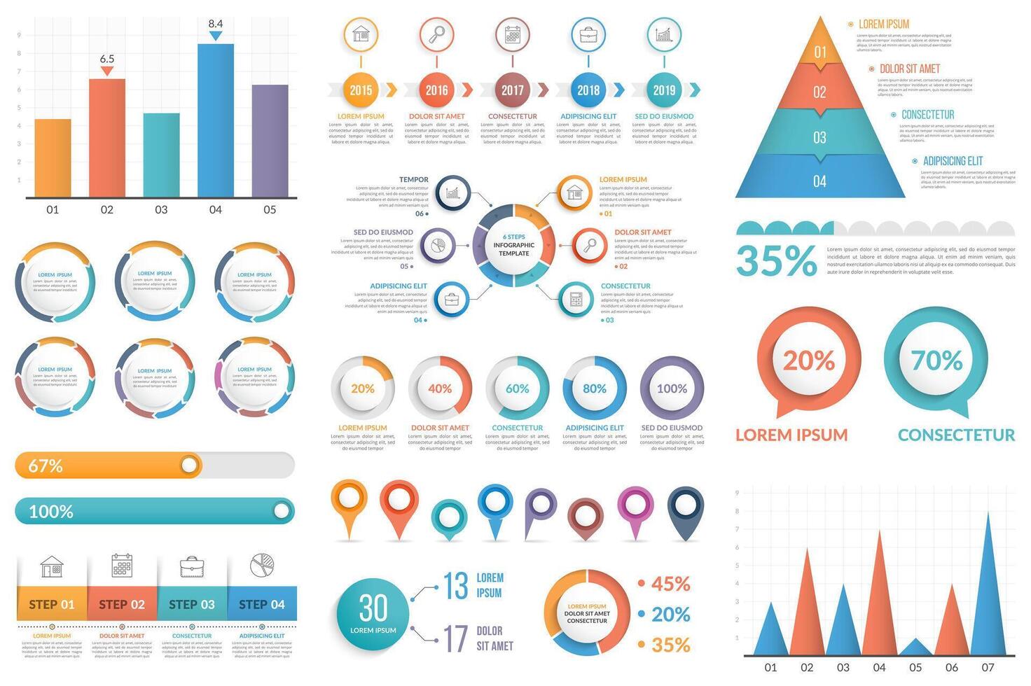 Set of infographic elements - bar chart, pyramid chart, circle diagram, timeline, steps and options vector