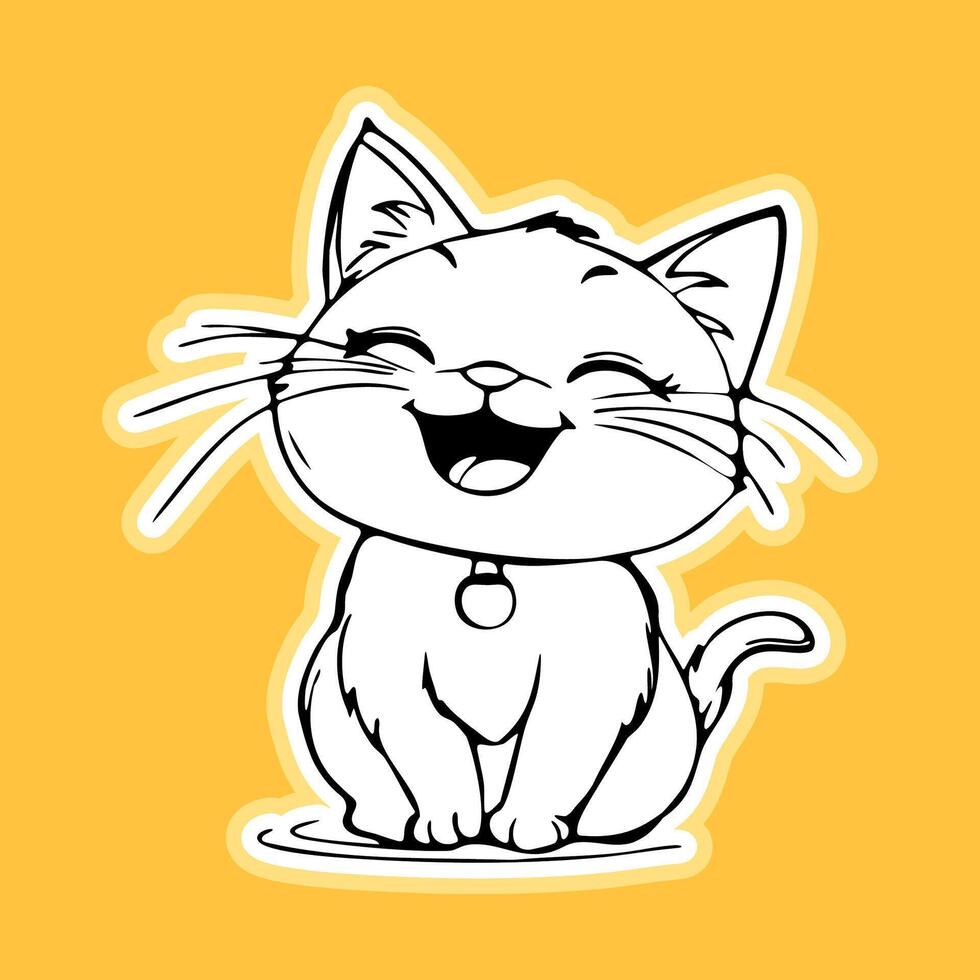Cute cartoon cat sticker smiling on yellow background vector