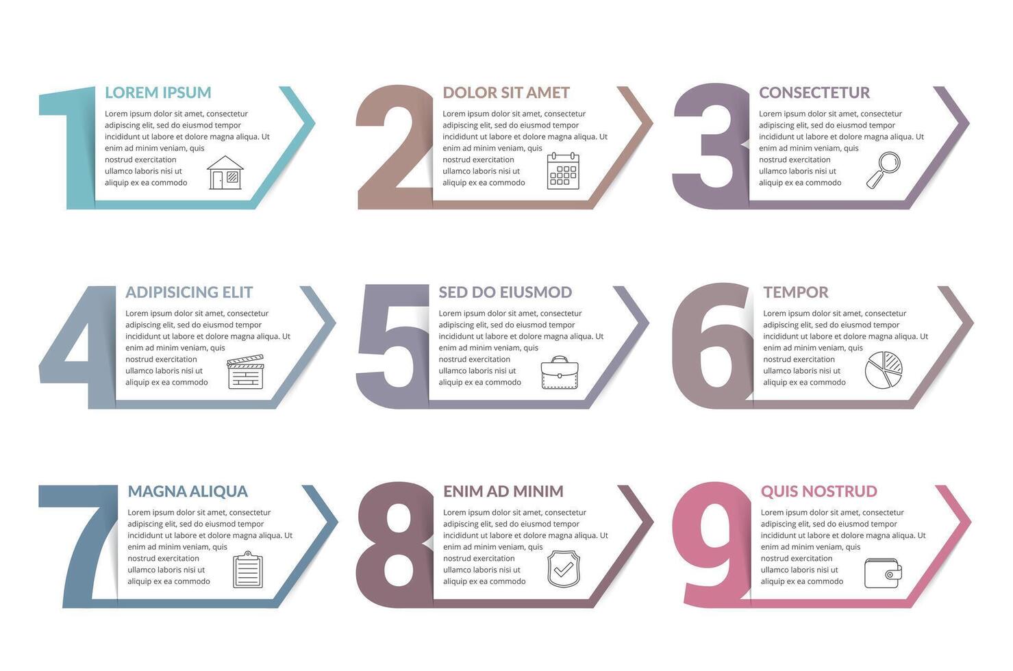 Nine numbers with place for your text, can be used as steps, options, process design, workflow vector