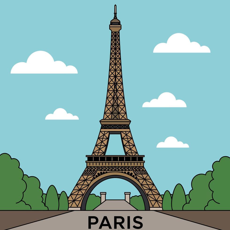 Eiffel Tower landmark with trees and clouds minimal flat design illustration vector