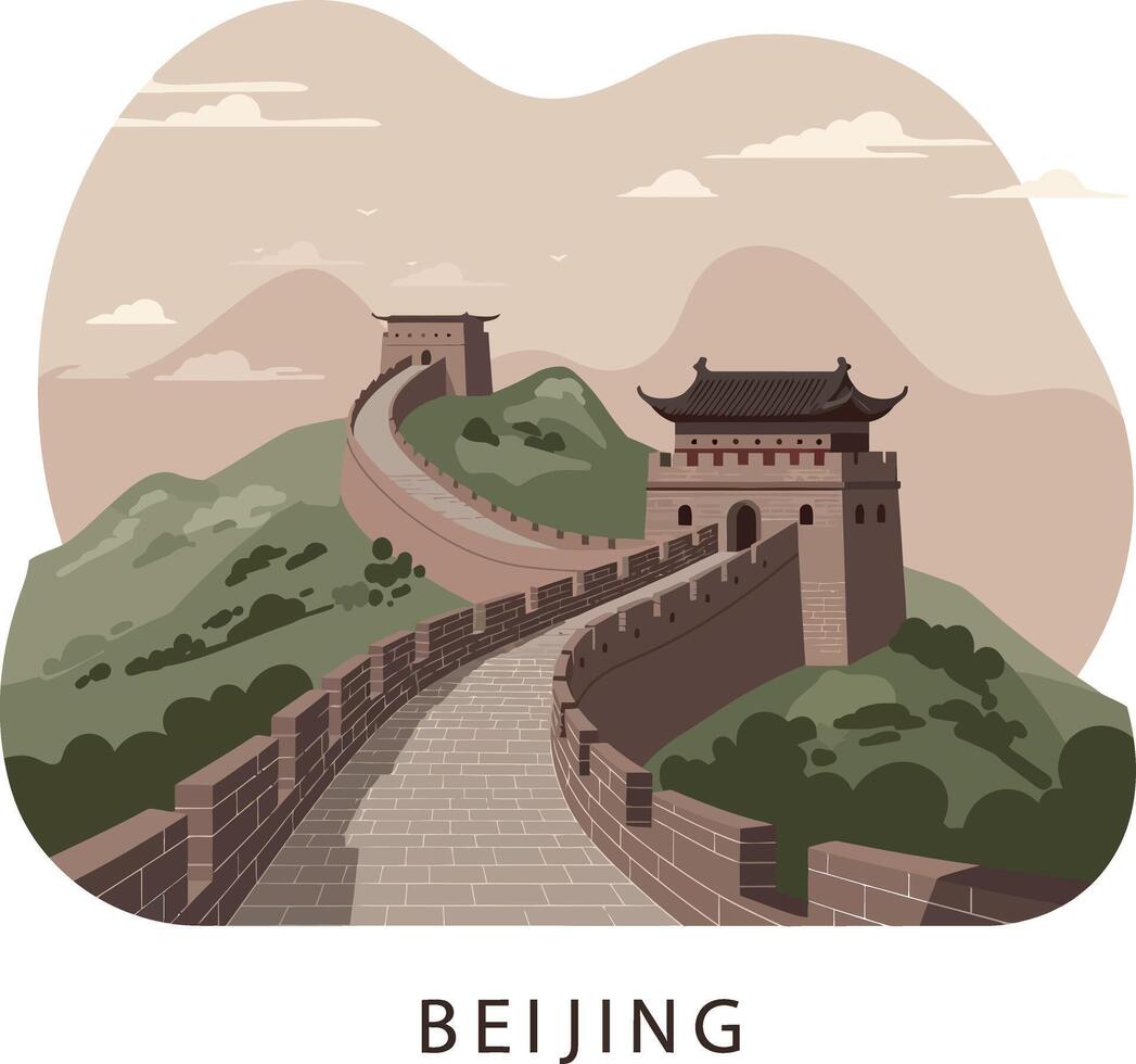 Great Wall of China ancient architecture winding over green hills minimal flat illustration vector