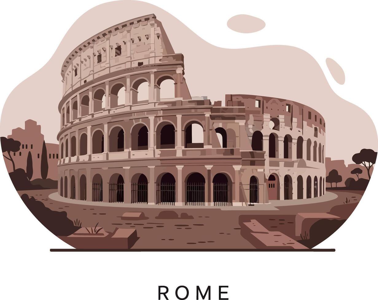 Ancient Roman Colosseum architecture detailed flat design with historic ruins and trees illustration vector