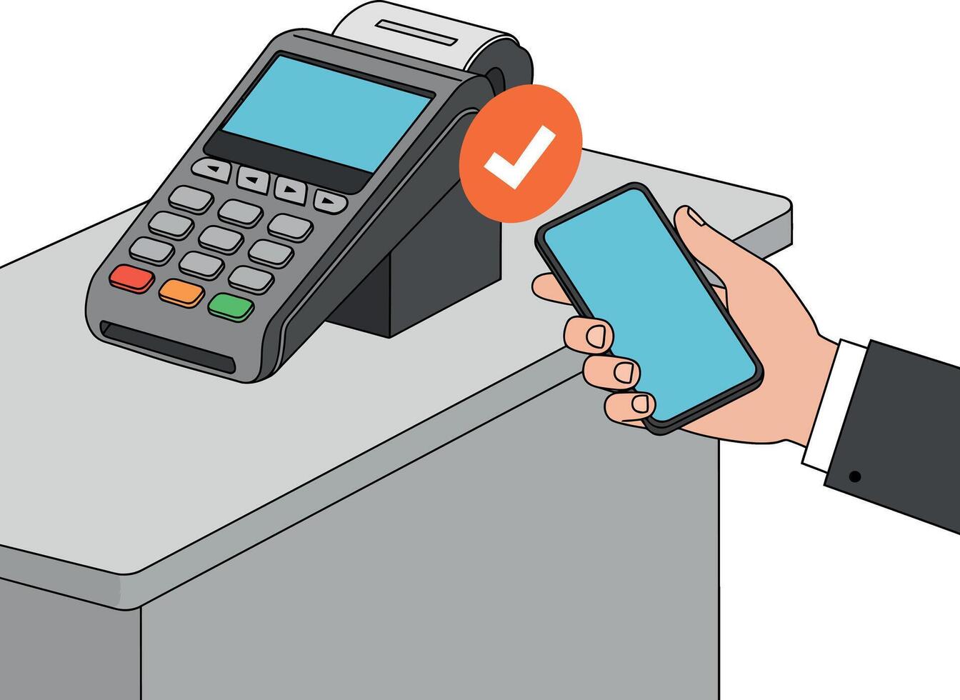 Mobile payment with smartphone near modern card reader terminal flat design illustration vector
