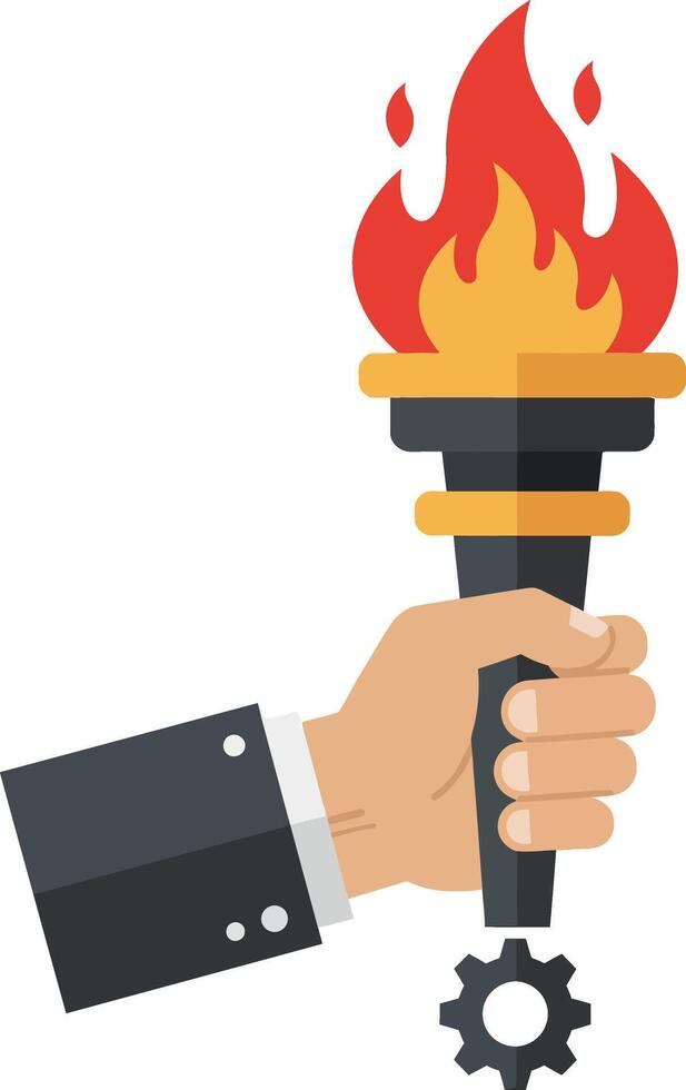 Hand holding a flaming torch with gear handle detailed flat design illustration vector