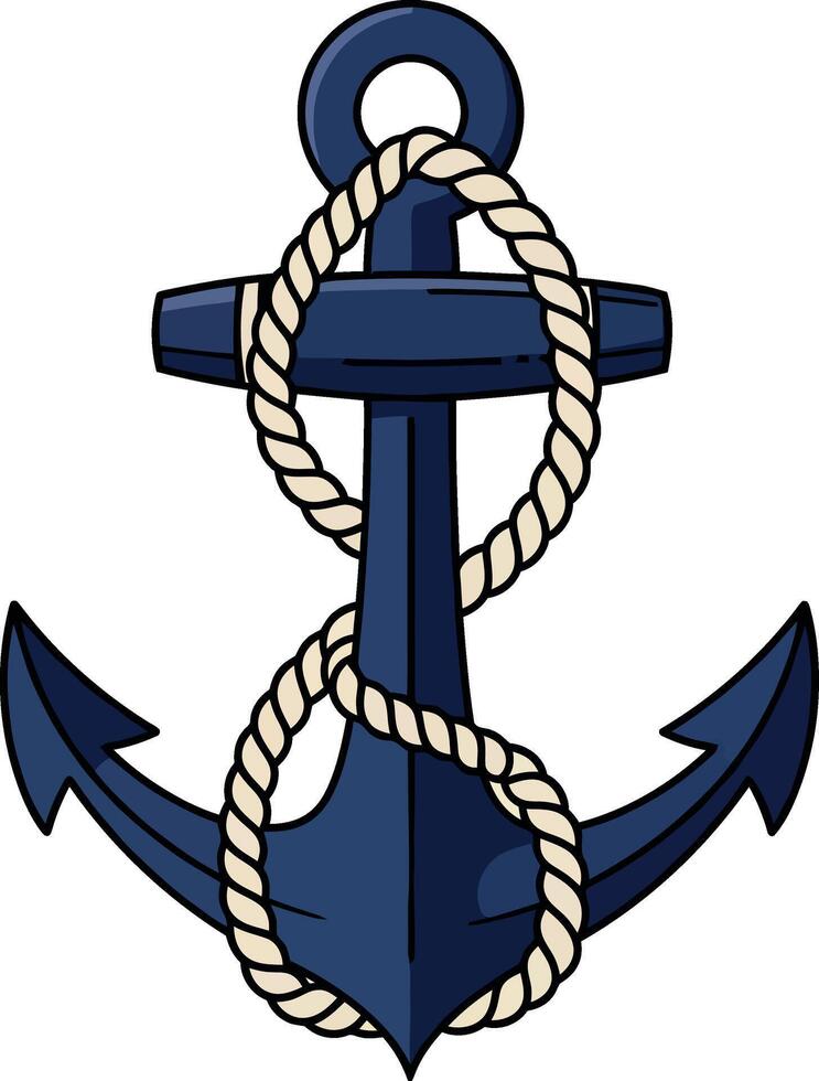 Nautical navy blue anchor with twisted beige rope detailed flat design illustration vector