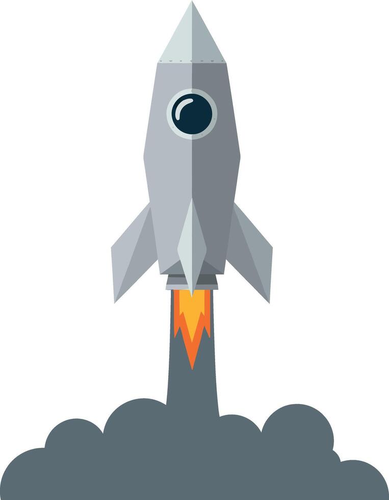 Gray rocket ship launching with orange flame and smoke clouds in flat minimalist illustration vector