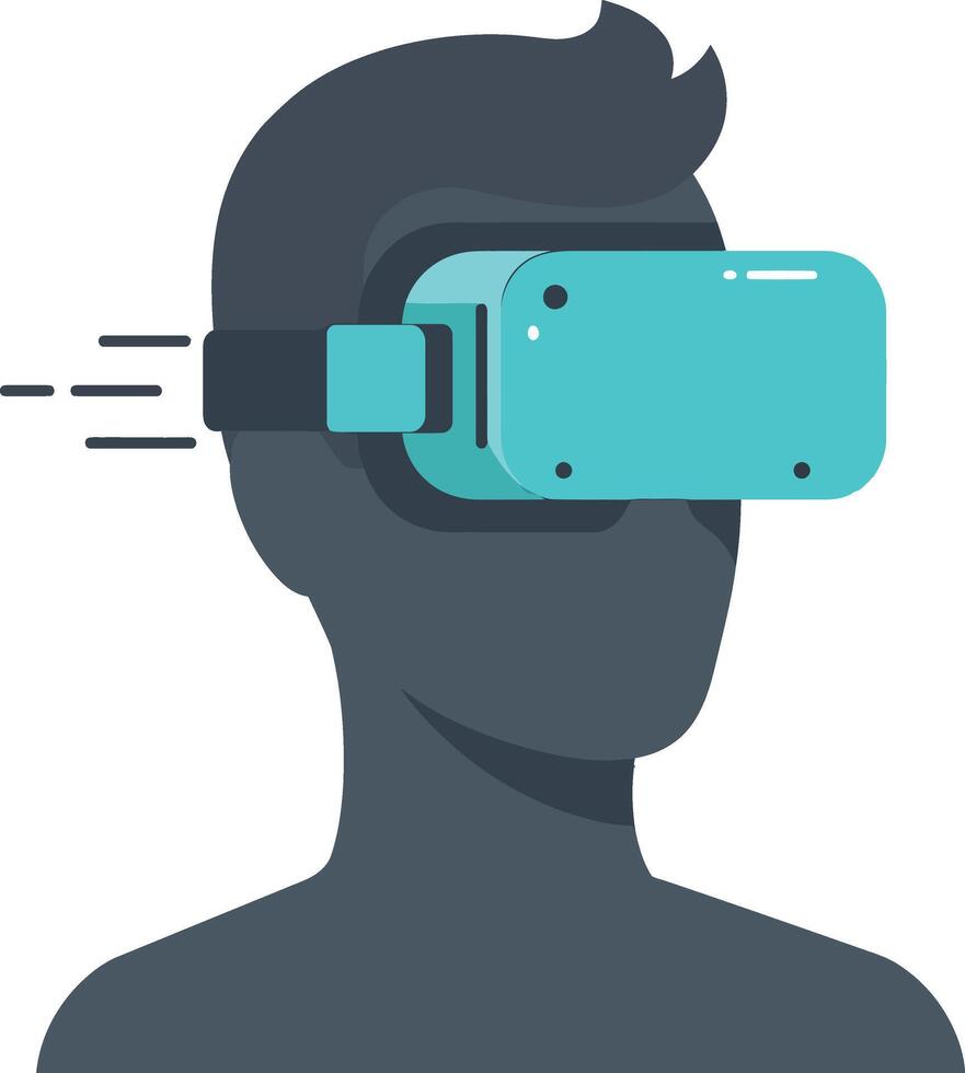 Silhouette of man wearing futuristic teal virtual reality headset in flat minimal illustration vector