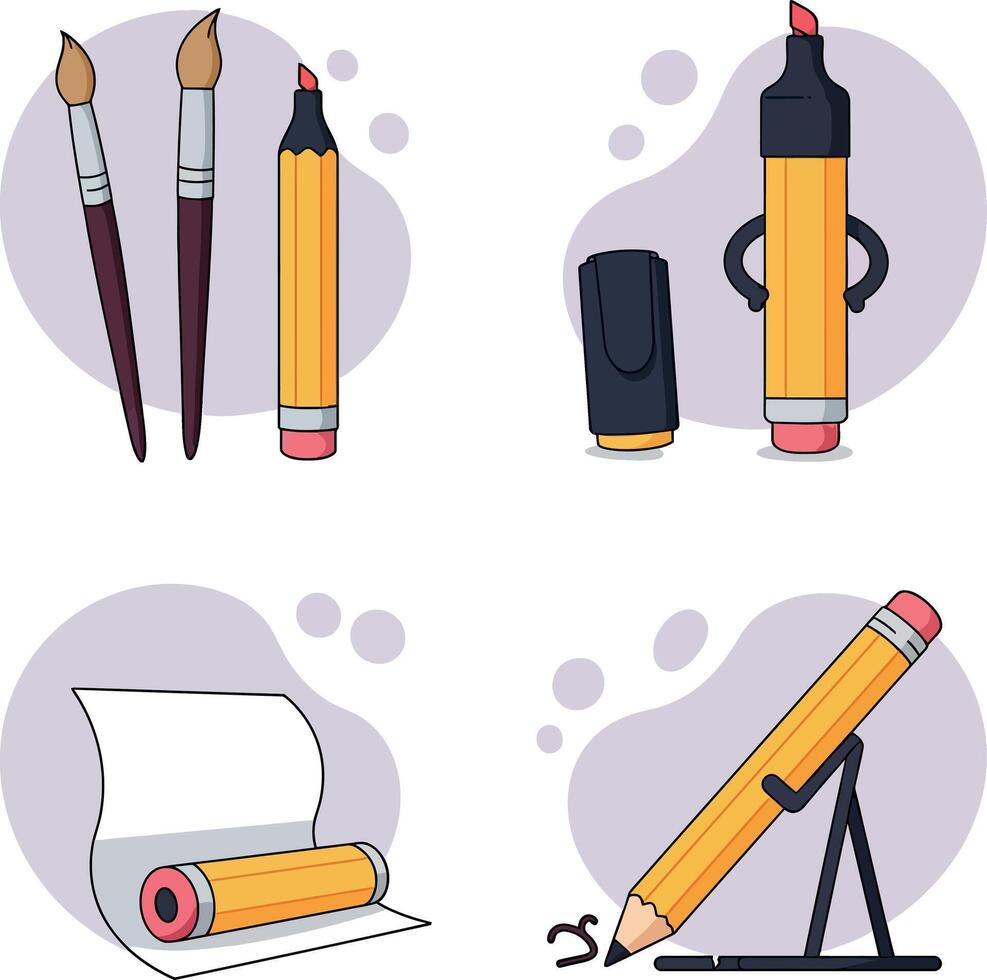Artistic tools with paintbrushes pencil marker and paper in cartoon flat style illustration vector