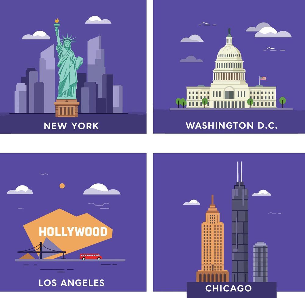 Iconic American city landmarks flat design featuring Statue of Liberty Washington Capitol Hollywood sign and Chicago skyscrapers art vector