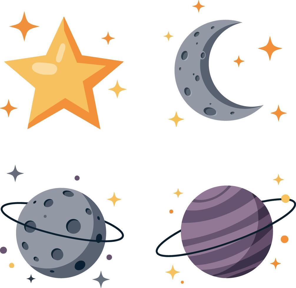 Cartoon style celestial bodies including star moon and planets with rings in flat art vector