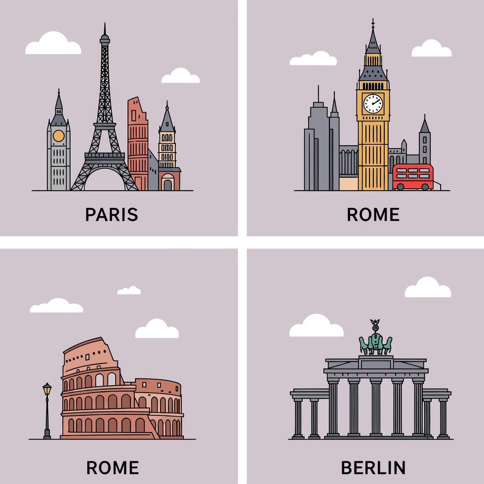 Iconic European landmarks flat design featuring Eiffel Tower, Big Ben, Colosseum, and Brandenburg Gate illustration vector