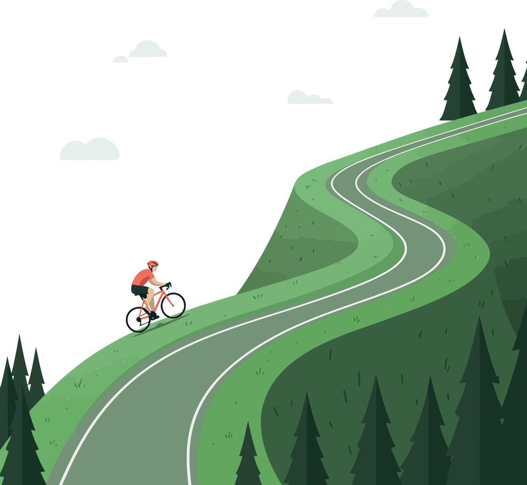 Cyclist riding uphill on winding mountain road with pine trees in flat illustration vector
