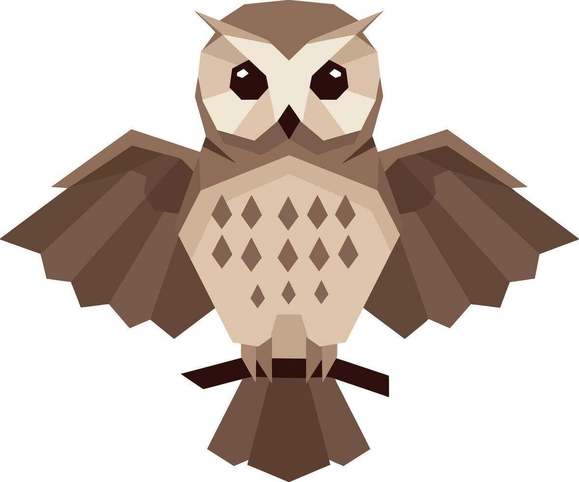 Brown owl with spread wings perched on branch flat geometric minimal illustration vector