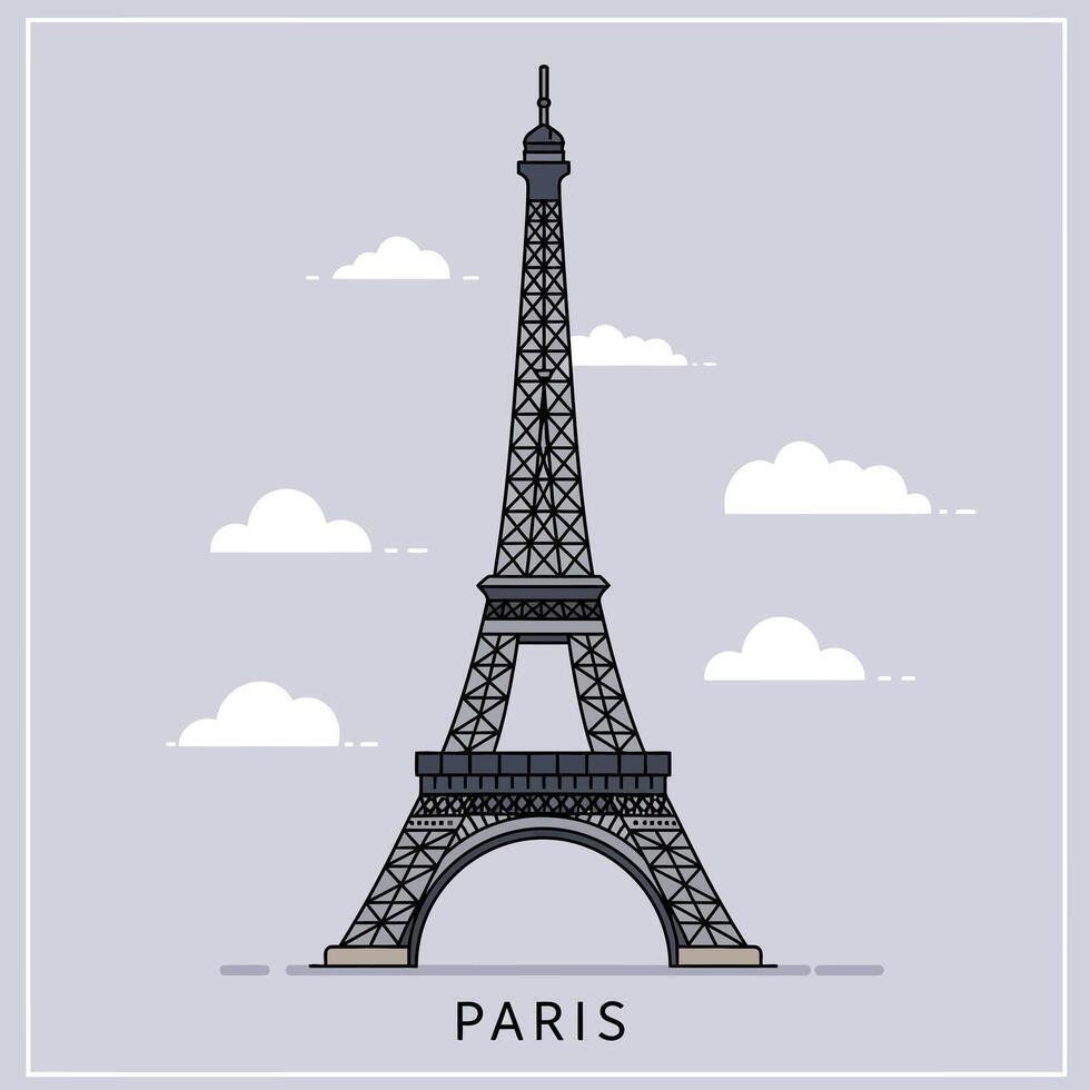 Eiffel Tower landmark illustration in minimal flat design with cloudy sky art vector