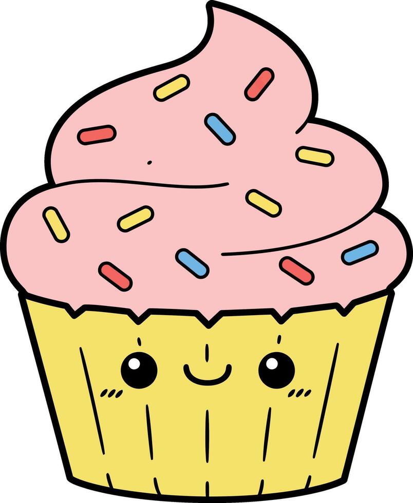 Cute smiling cupcake with pink frosting and colorful sprinkles in flat design illustration vector