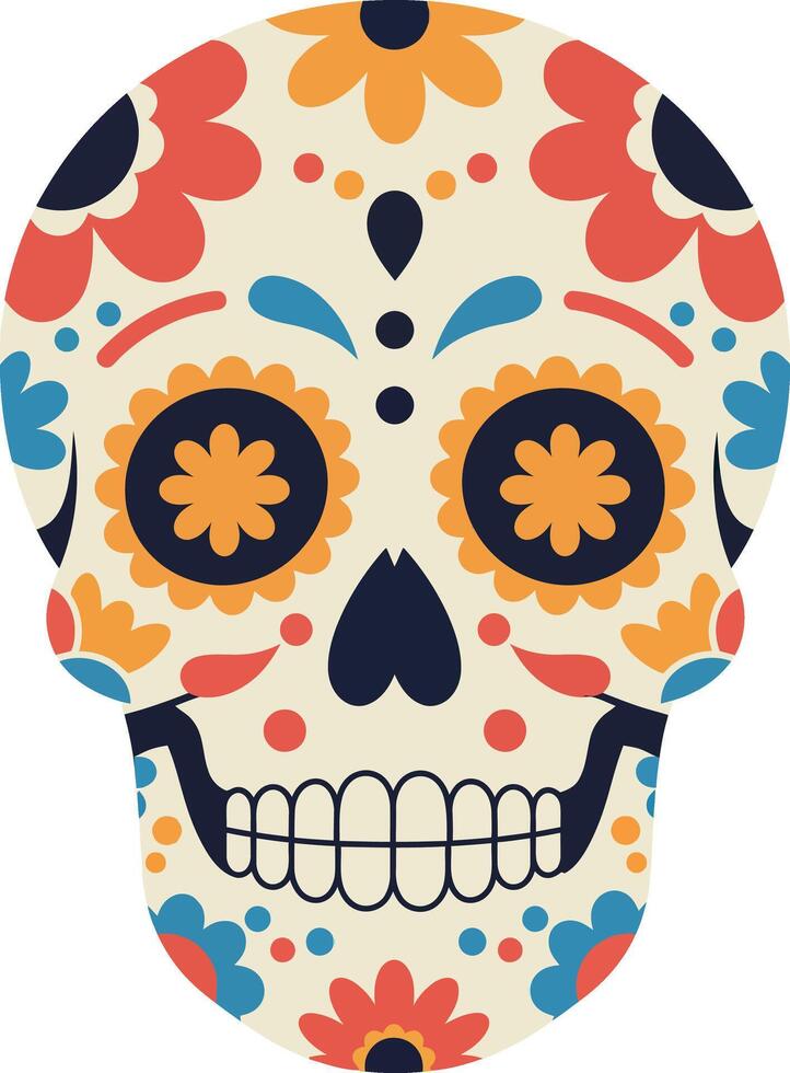 Decorative sugar skull with colorful floral patterns flat design illustration vector