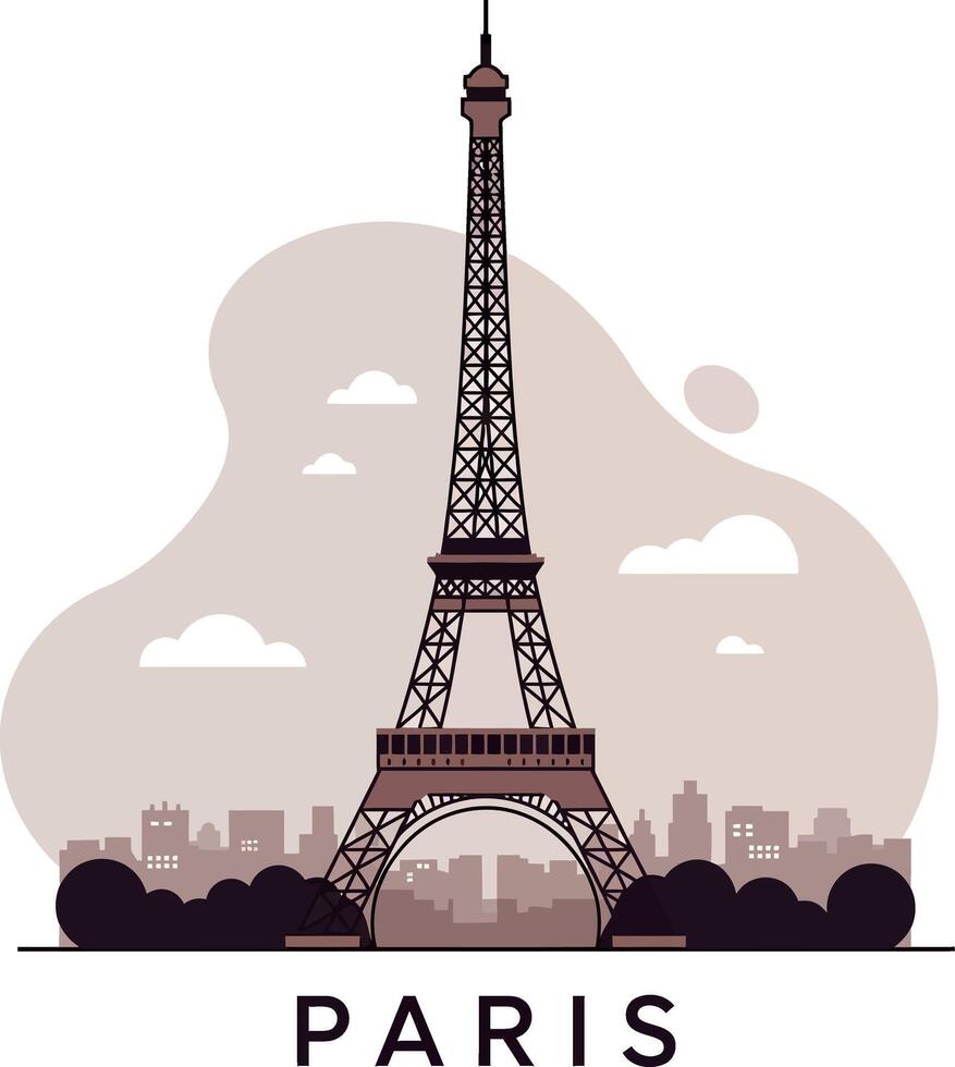 Eiffel Tower landmark with cityscape silhouette in minimal muted colors flat design illustration vector