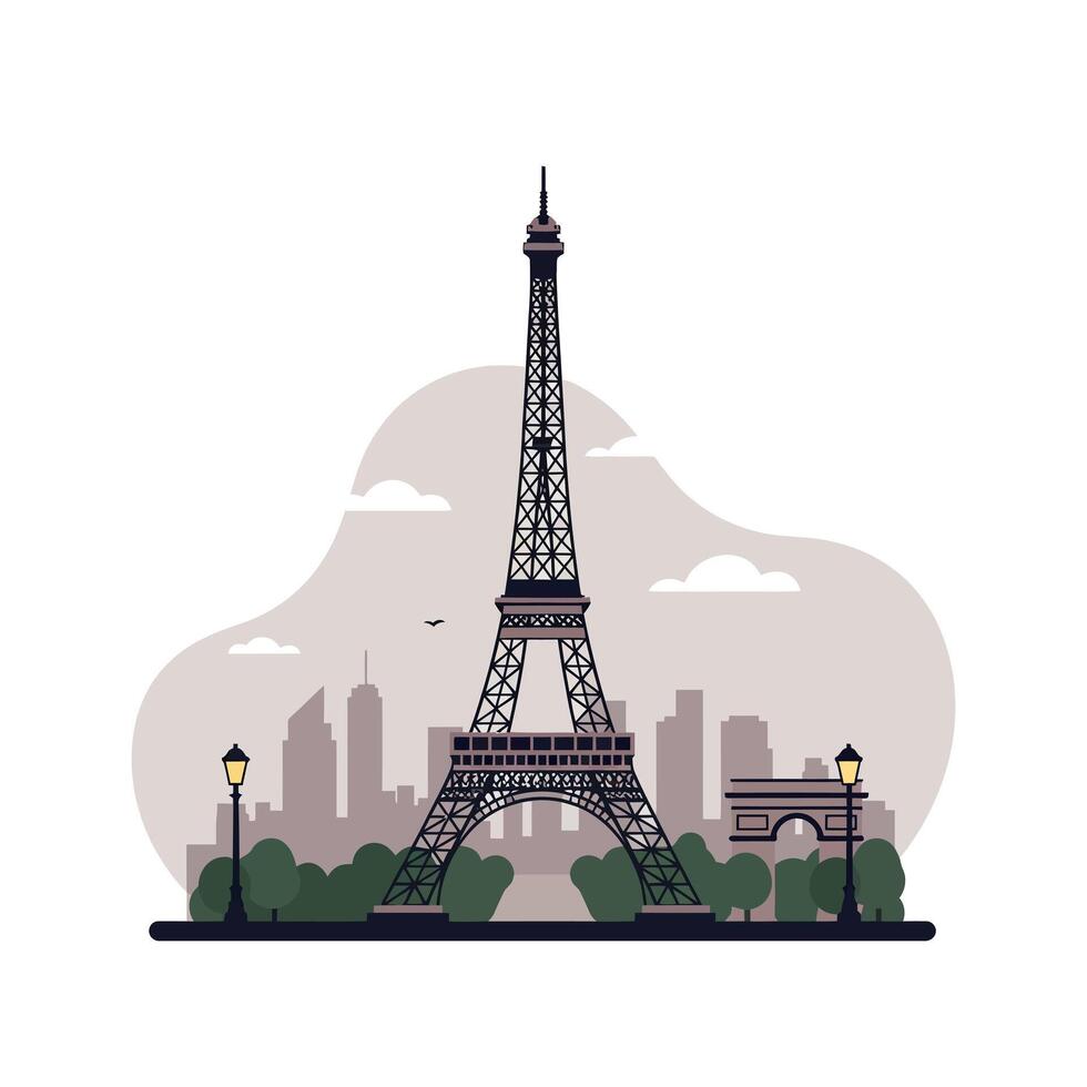 Eiffel Tower with Paris cityscape and Arc de Triomphe in flat minimal illustration vector