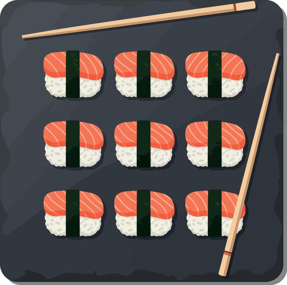 Salmon nigiri sushi pieces arranged on black plate with wooden chopsticks flat style illustration vector