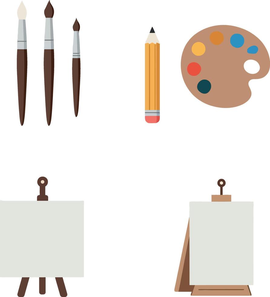 Artistic tools including paintbrushes pencil and color palette with blank canvases flat design illustration vector