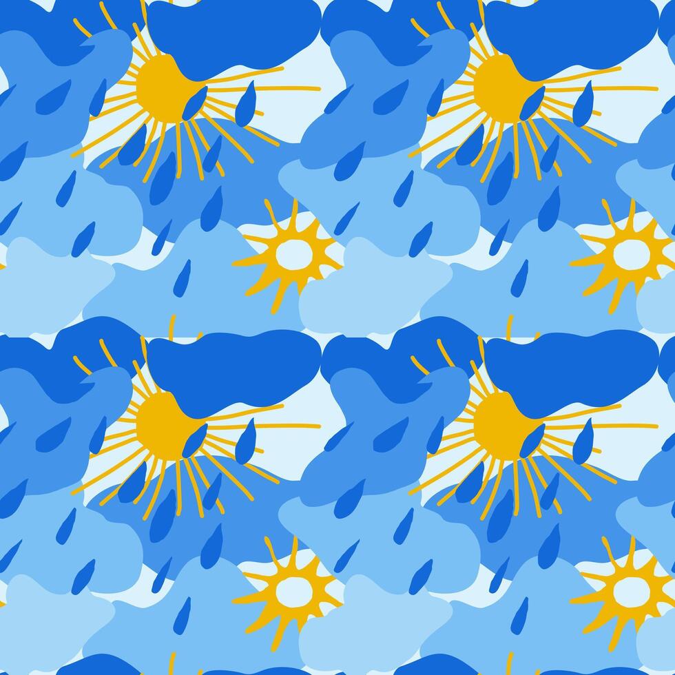Seamless pattern of yellow sun and clouds of different shades of blue with raindrops in children's style hand drawn for posters, cards, stickers. Seamless pattern on pastel soft blue background vector