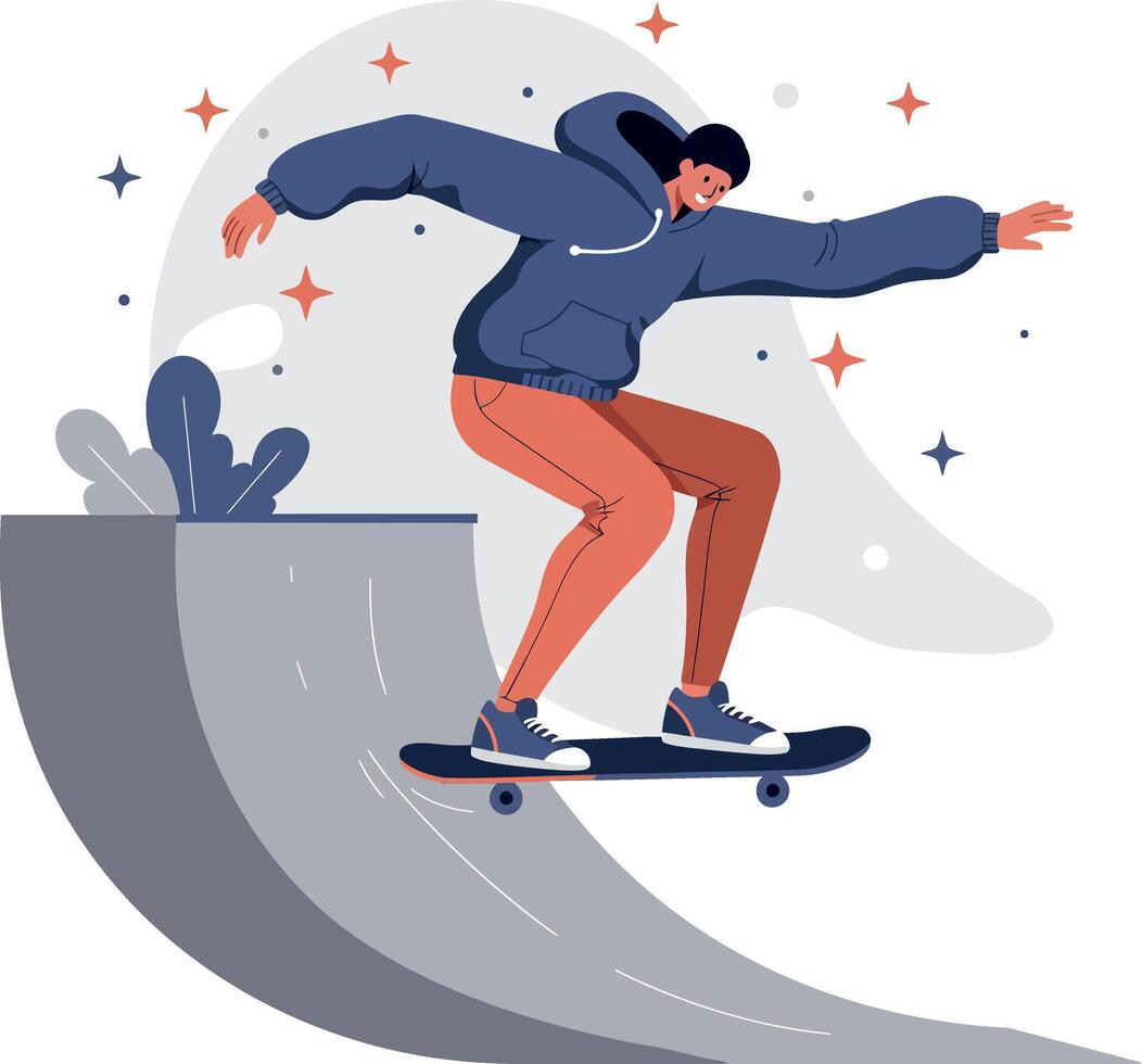 Young male skateboarder performing a trick on ramp in minimal flat style illustration vector