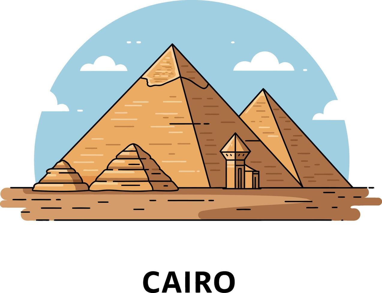Egyptian pyramids with desert landscape and blue sky in detailed flat design illustration vector