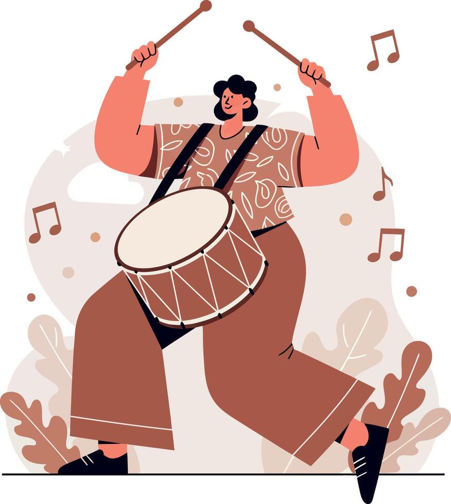 Drummer playing large drum with energetic stance in flat style illustration vector