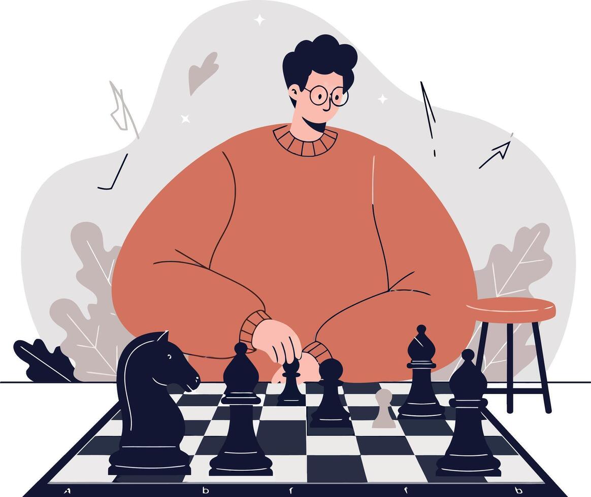 Young man playing strategic chess game in oversized sweater sitting at table flat illustration vector