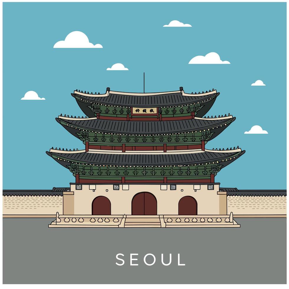 Traditional Korean palace architecture with multi-tiered roofs in detailed flat design illustration vector