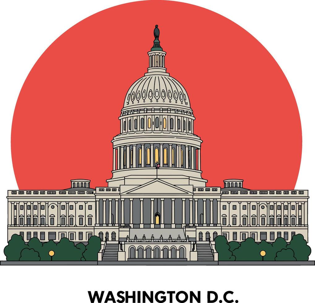 United States Capitol building detailed illustration with red sun background and evening lights vector