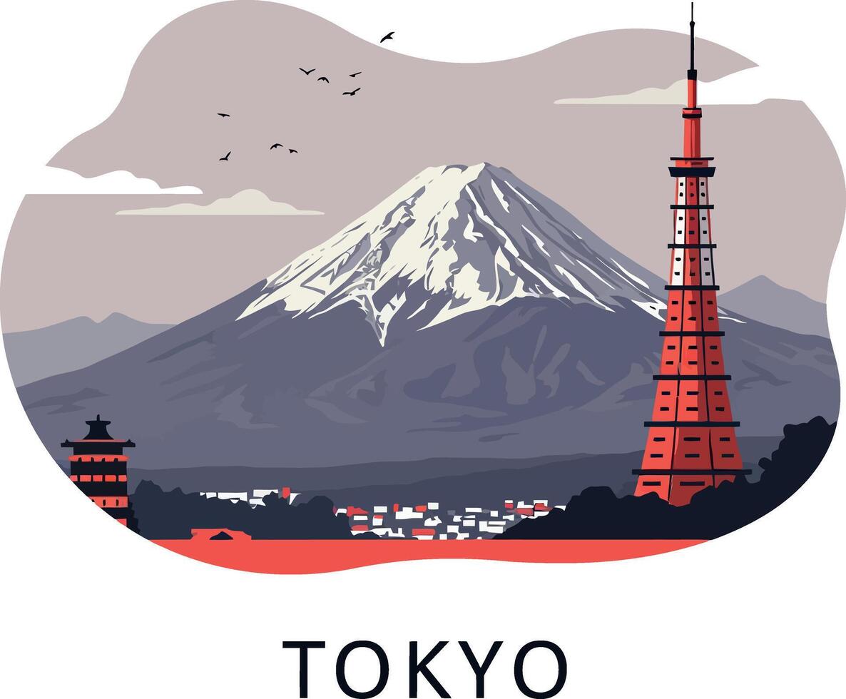 Tokyo cityscape with Mount Fuji snow-capped mountain and red Tokyo Tower detailed illustration vector