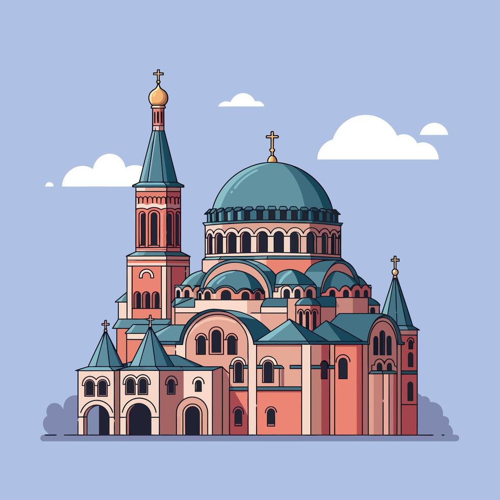 Orthodox church building with domes and crosses flat detailed architectural illustration vector