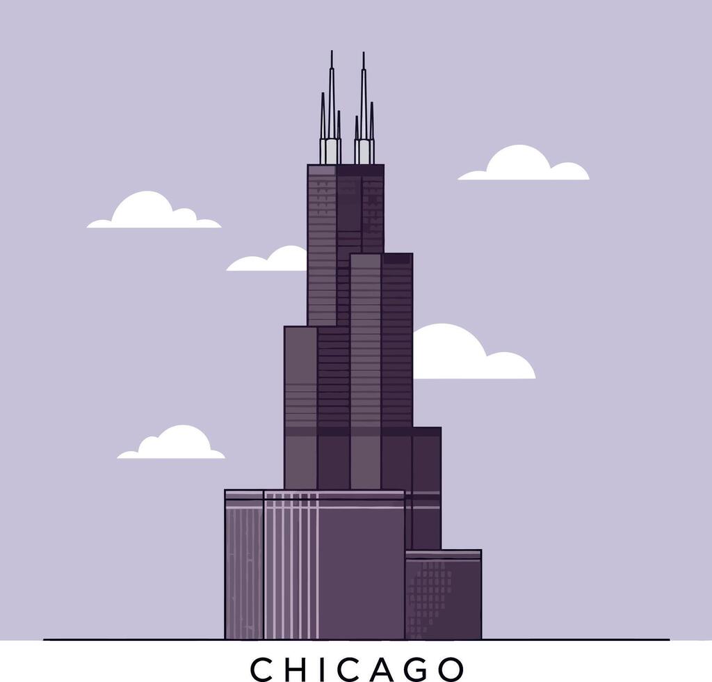 Chicago Willis Tower skyscraper with antennas flat style minimal illustration vector